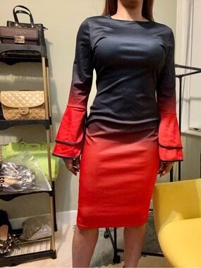 Elegant Ombre Black to Red Long-Sleeve Sheath Dress